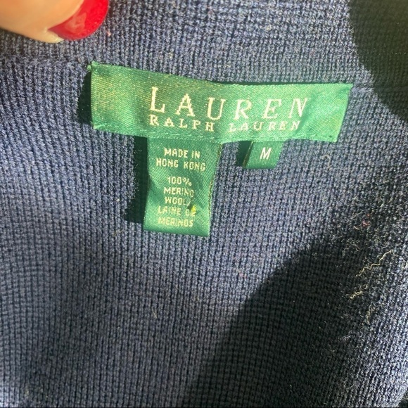 VTG LAUREN RALPH LAUREN Womens Merino Wool Cardi Jacket size M Navy Gold Crest. - Picture 7 of 16